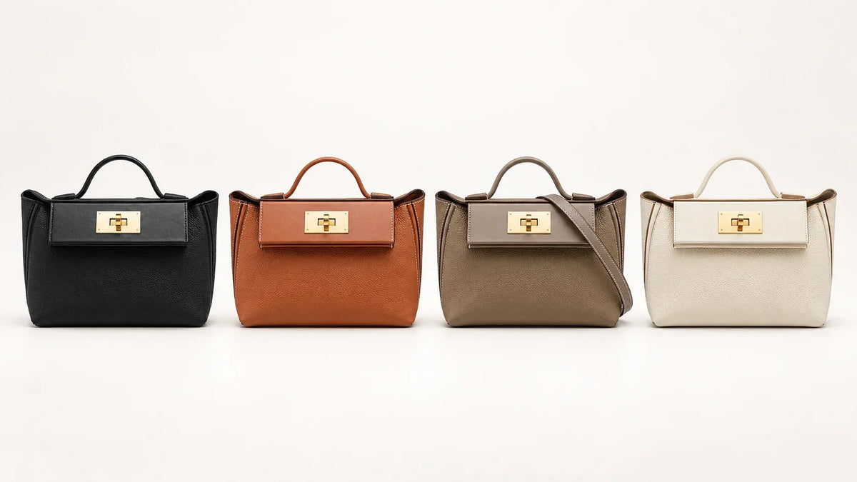 Illustrative comparison of four everyday handbag colors: black, brown, gray, and white