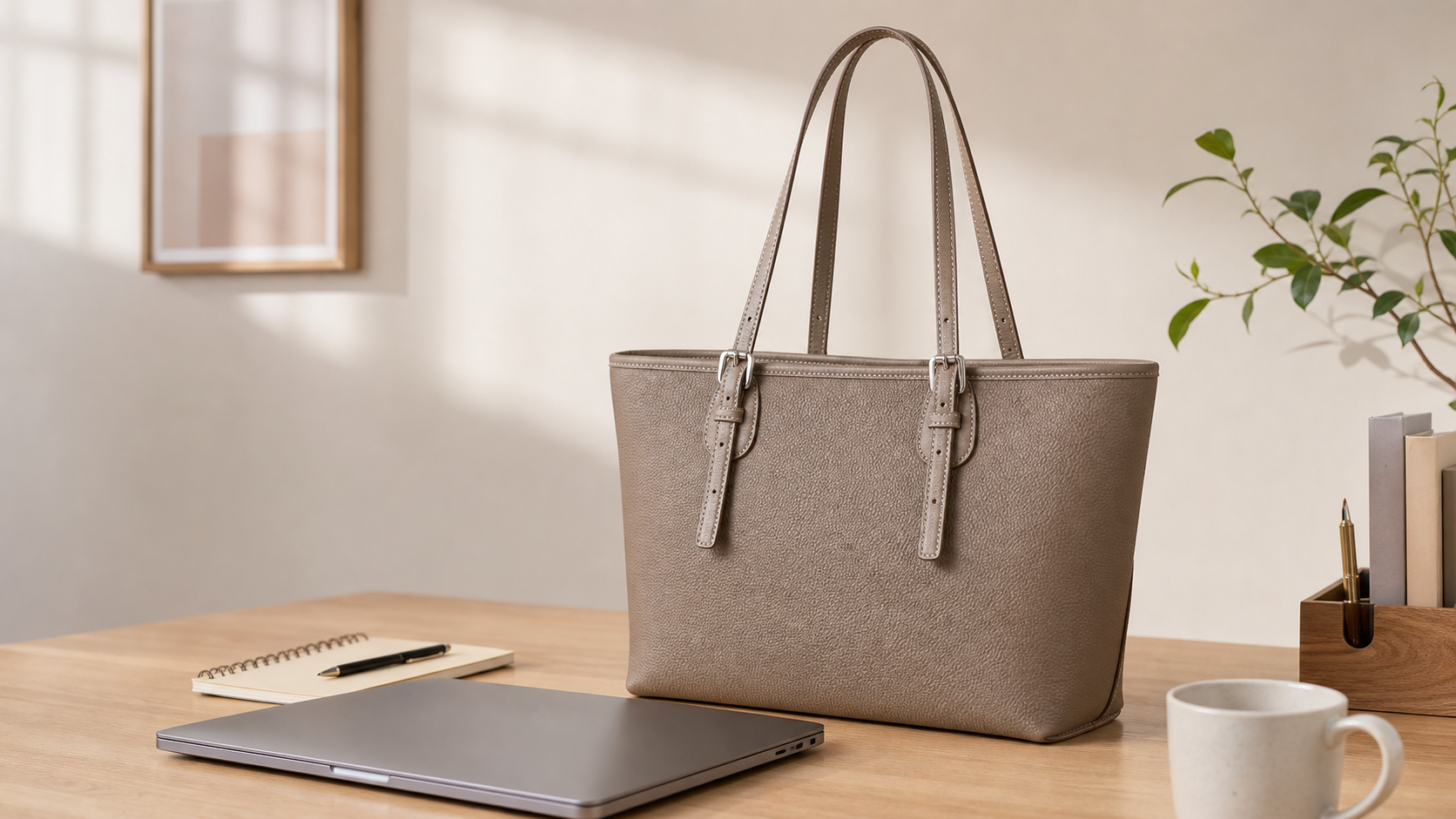 Structured taupe leather tote bag beside a slim laptop on a desk for a laptop-size guide