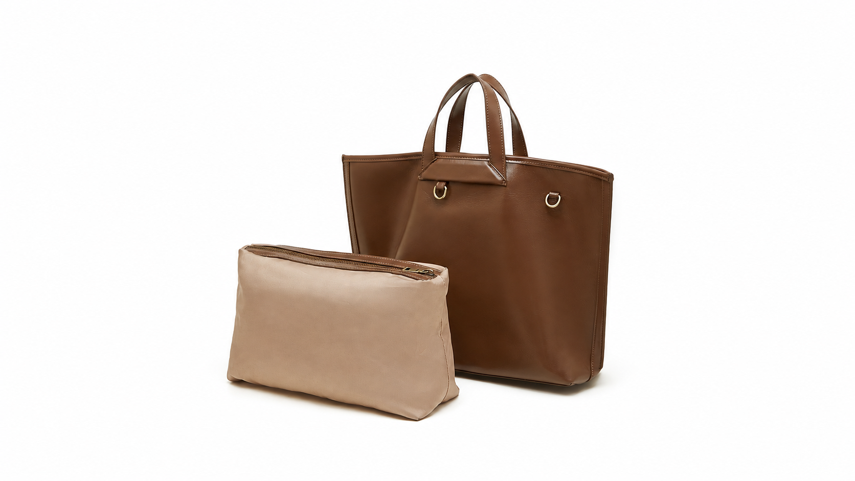 Structured brown leather tote with a zip pouch, shown complete on a white background