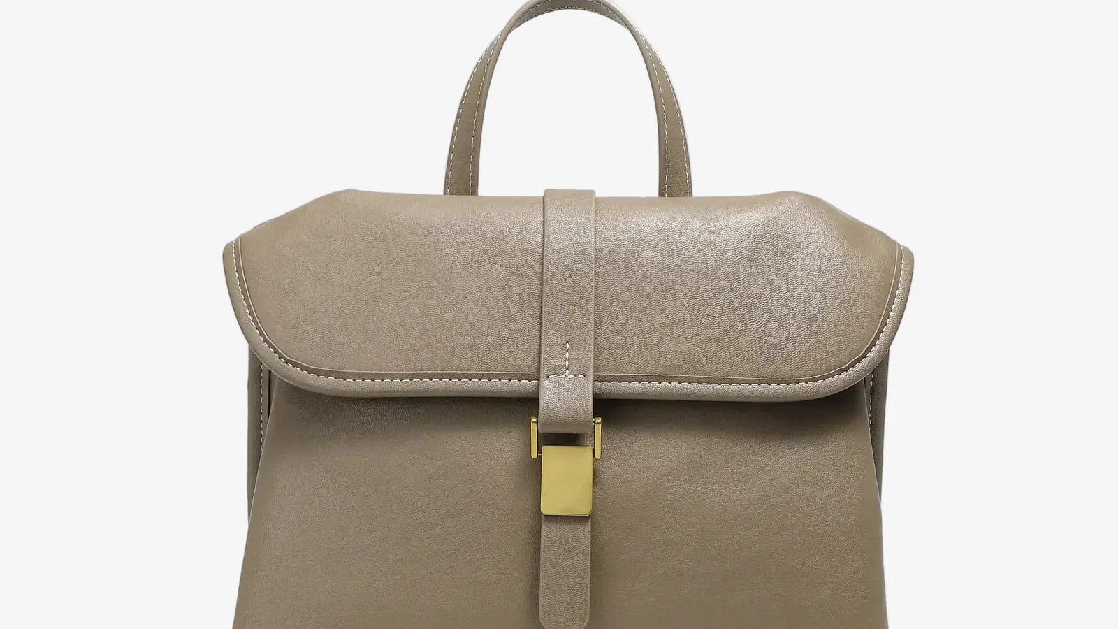 Cuirae taupe genuine leather handbag with gold buckle and contrast stitching, front view on white background, 16:9 cover for real vs fake leather guide
