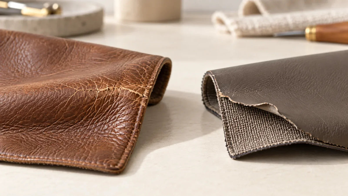 Comparison of cracked genuine leather and peeling synthetic leather material