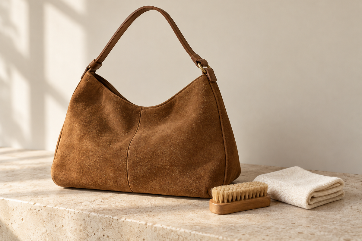 Illustration of a brown suede bag beside a suede brush and a folded cream cloth