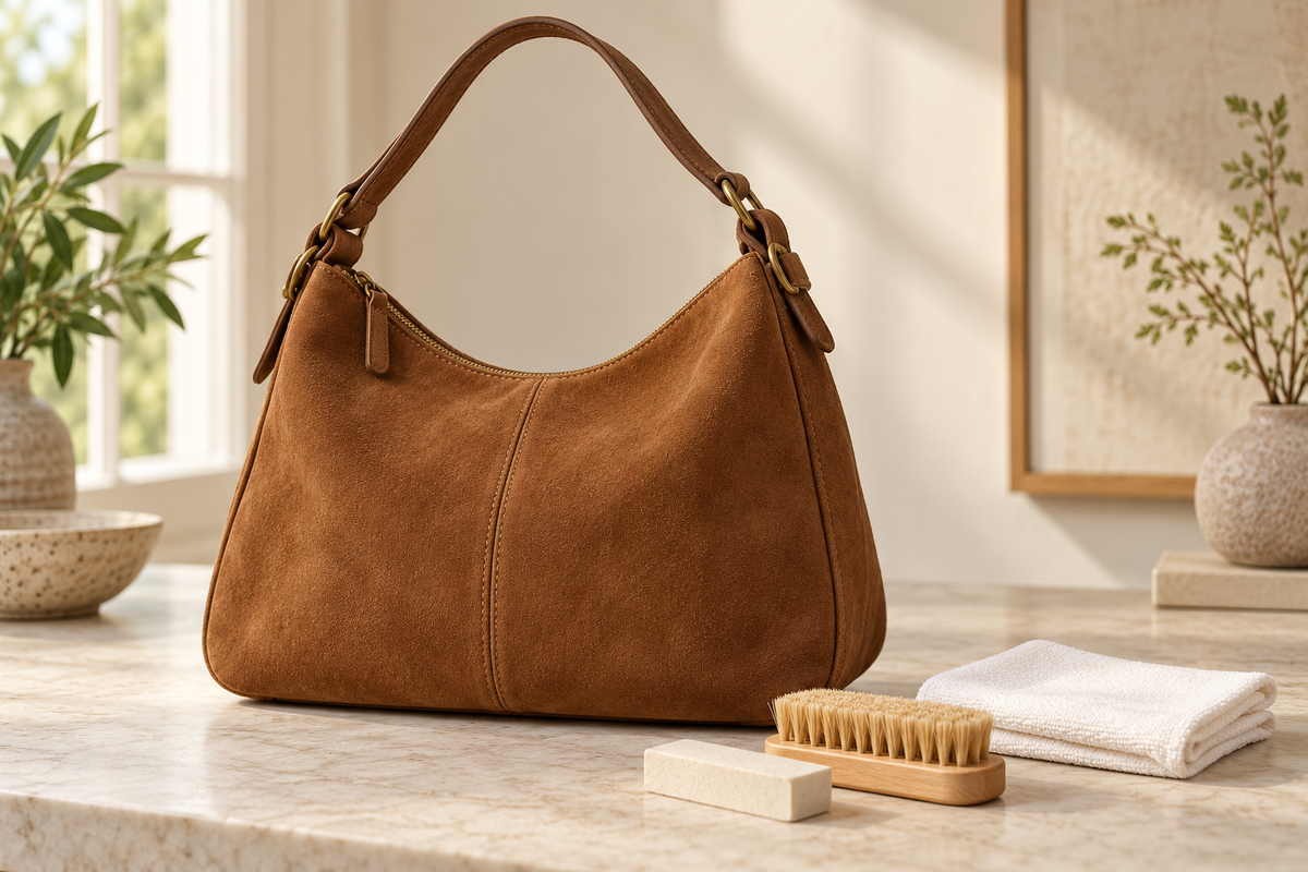 Illustrative brown suede shoulder bag beside a wood-backed brush, pale eraser and folded white cloth