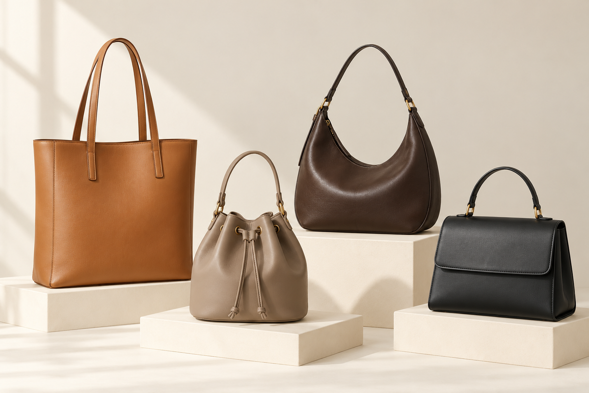 Illustrative tan tote, taupe drawstring bucket bag, dark brown hobo and black top-handle bag on ivory display blocks
