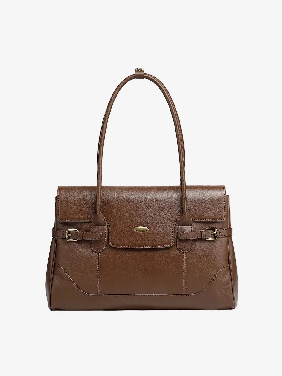 Cuirae brown top-grain leather everyday tote bag with top handles and gold hardware, front view on white background
