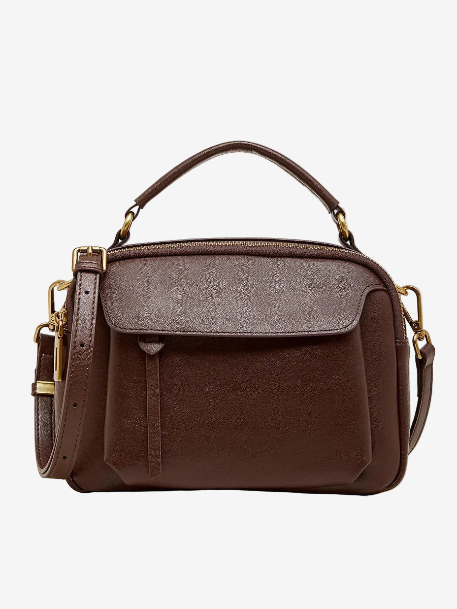 Cuirae  brown genuine leather shoulder bag with front pocket and antique gold hardware, front view