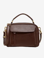 Cuirae  brown genuine leather shoulder bag with front pocket and antique gold hardware, front view