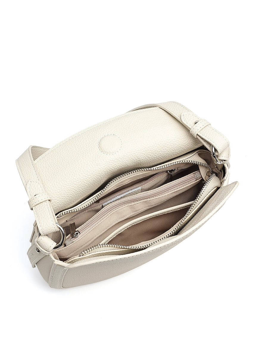Open ivory shoulder bag with zippered center divider