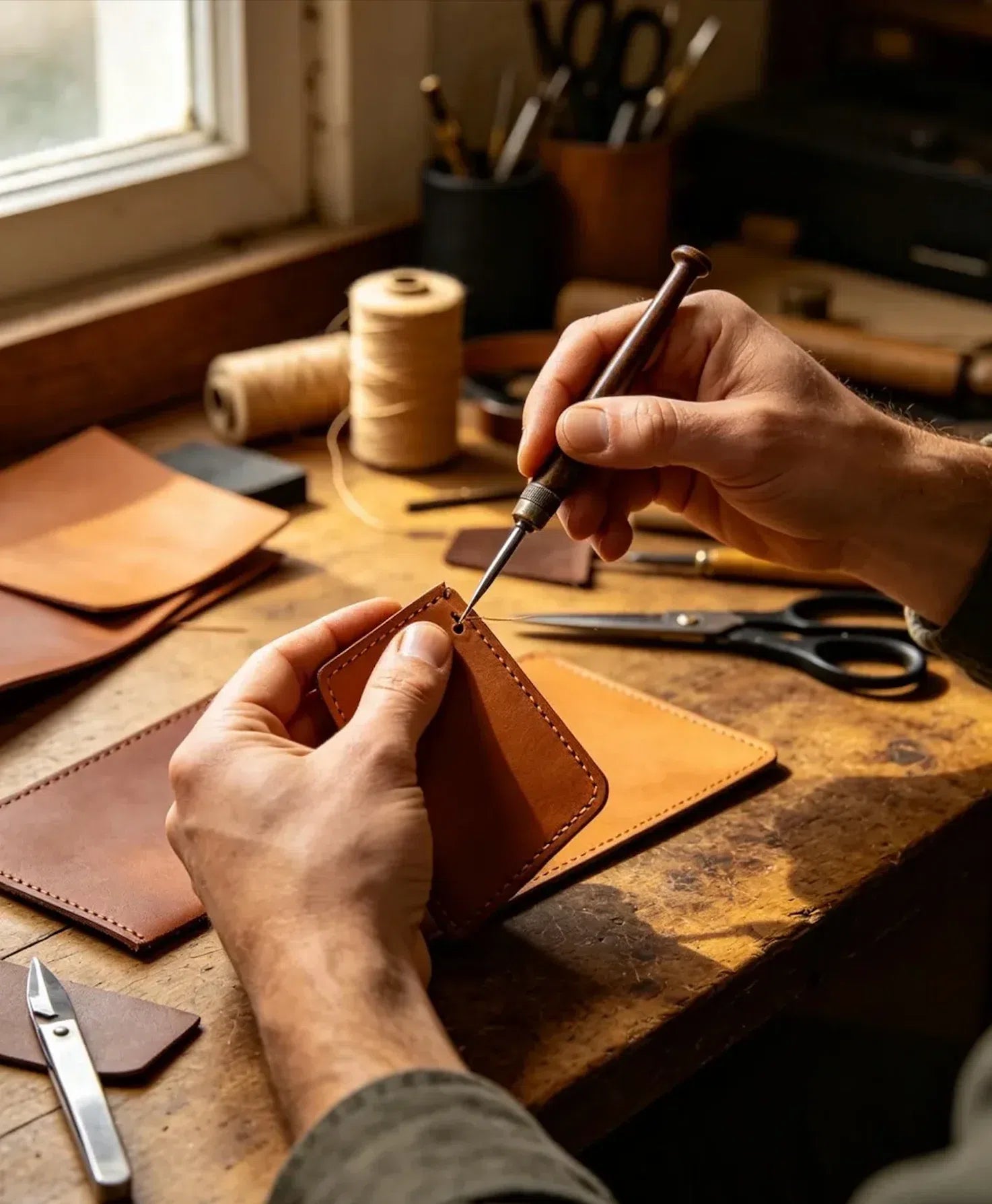An artisan's hands carefully working on a piece of Cuirae real leather with hand tools. Handcrafted for your daily life.