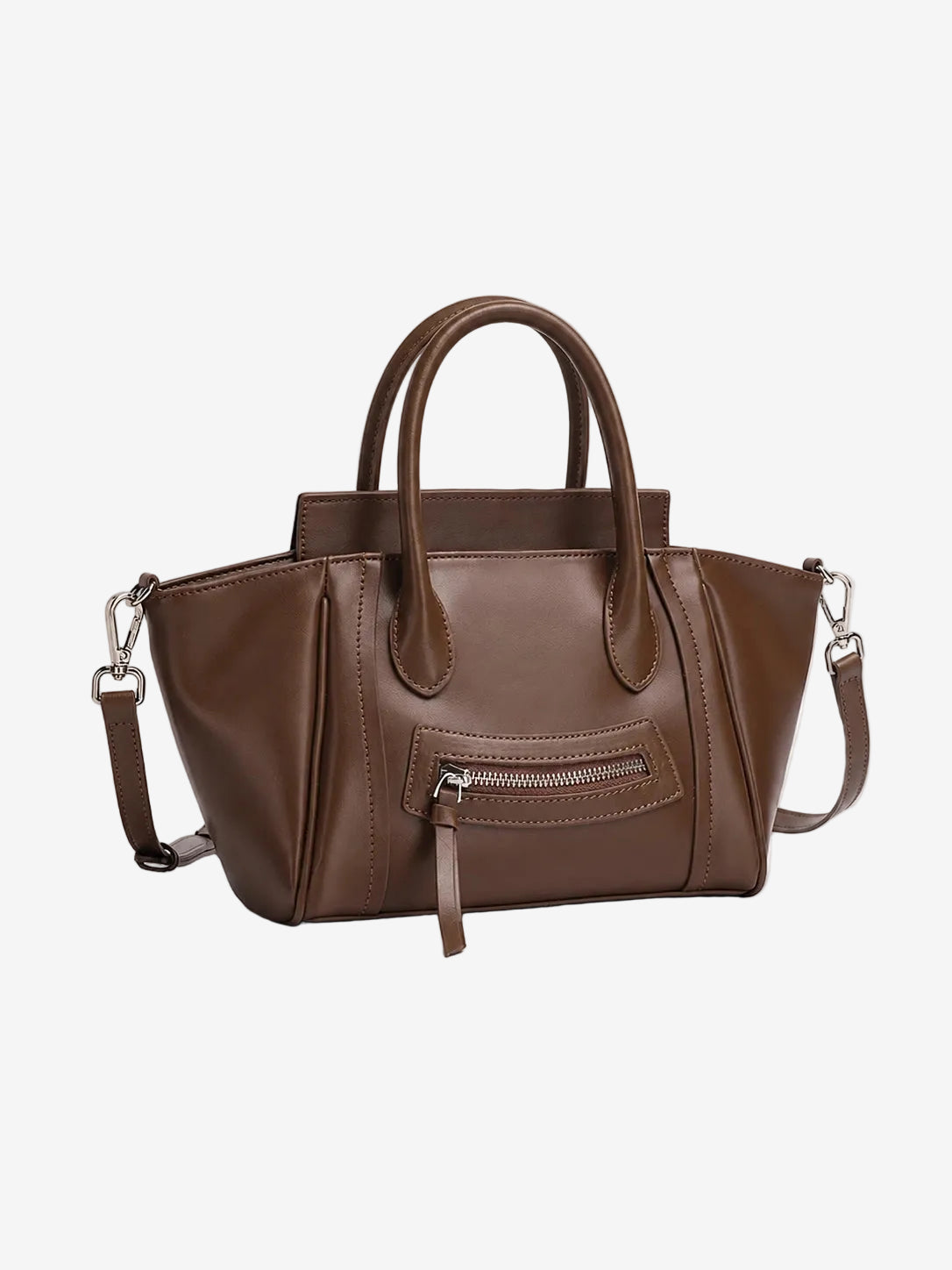 A front view of the Cuirae coffee brown top grain cowhide handbag with a front zipper pocket, sitting on a plain white background.