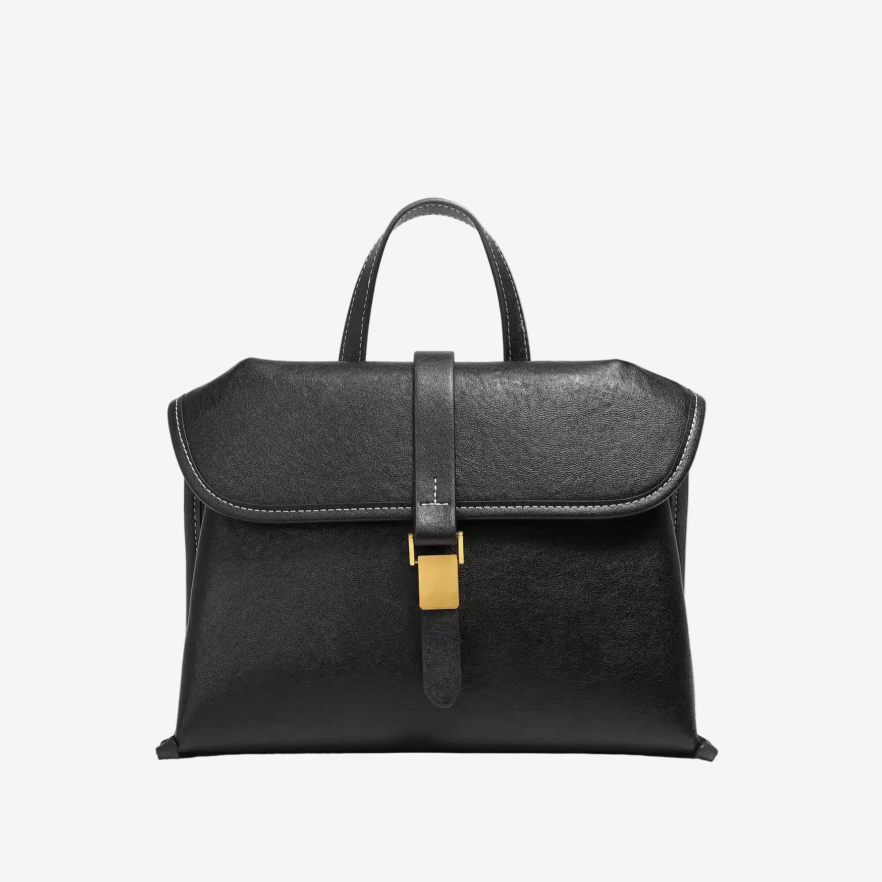 Cuirae black genuine leather flap handbag with gold buckle and contrast stitching, front view on white background