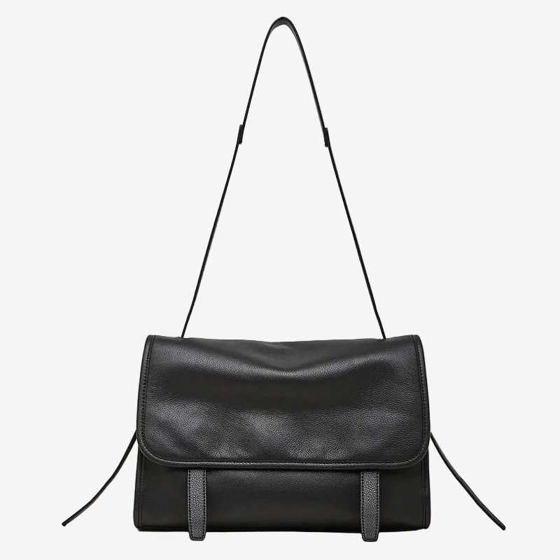 Cuirae black genuine leather flap messenger shoulder bag for women with thin shoulder strap, front view on white background
