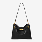 Cuirae  black genuine leather hobo crossbody bag with gold turnlock hardware, front view on white background