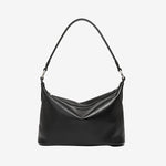 Cuirae black genuine leather hobo shoulder bag for women with silver hardware, front view on plain white background