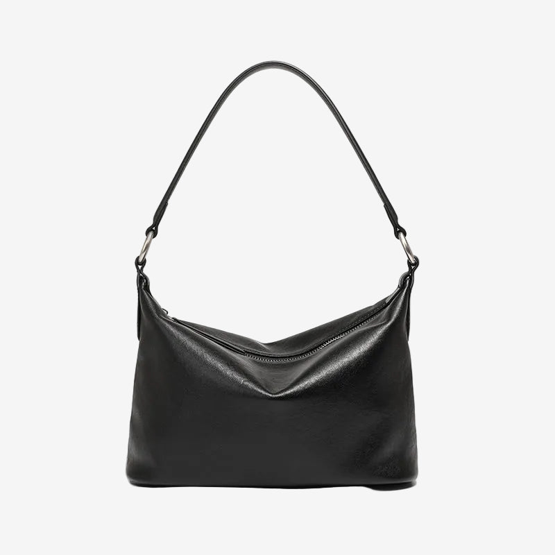 Cuirae black genuine leather hobo shoulder bag for women with silver hardware, front view on plain white background