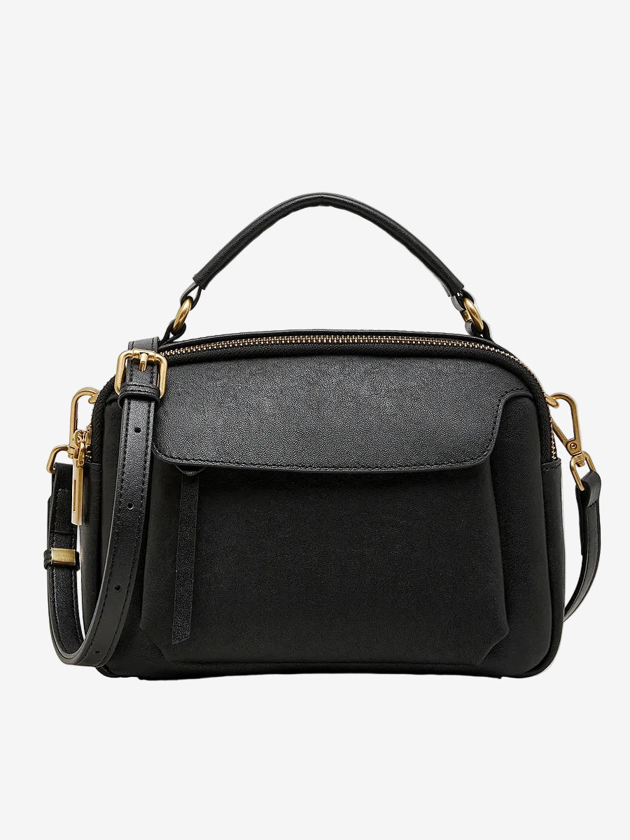 Cuirae  black genuine leather shoulder bag with front pocket and antique gold hardware, front view