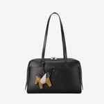 Cuirae black genuine leather shoulder bowling bag with pony charm and silver hardware, front view on white background
