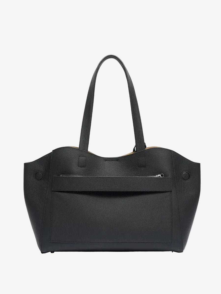 Cuirae black genuine leather tote bag, back view showing exterior zip pocket and luggage sleeve