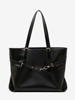 A front view of the Cuirae black genuine leather tote bag standing on a plain background.
