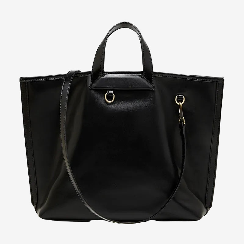 Cuirae black genuine leather tote bag for women with top handles and detachable shoulder strap, front view on white background