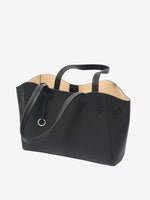 Cuirae black genuine leather tote bag, angled top view showing open top, tan interior and long shoulder straps