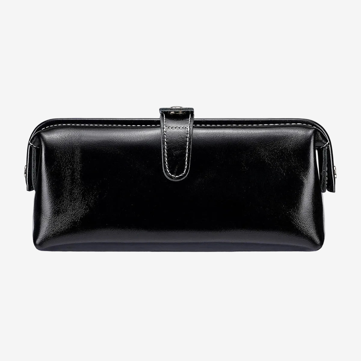 Cuirae black glossy genuine leather makeup bag with buckle closure, front view on white background