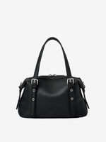 Cuirae black pebbled genuine leather bowling shoulder bag with silver hardware and top handles, front view on white background
