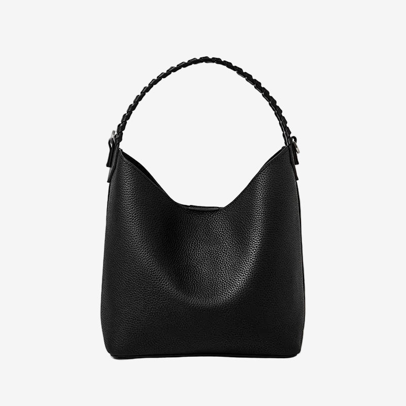 Cuirae black pebbled genuine leather bucket bag with black braided top handle, front view on white background