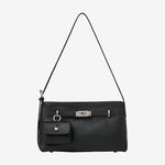 Cuirae black pebbled genuine leather crossbody bag with detachable coin purse and silver turnlock, front view on white background