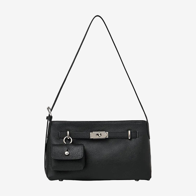 Cuirae black pebbled genuine leather crossbody bag with detachable coin purse and silver turnlock, front view on white background