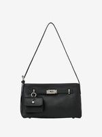 Cuirae black pebbled genuine leather crossbody bag with detachable coin purse and silver turnlock, front view on white background
