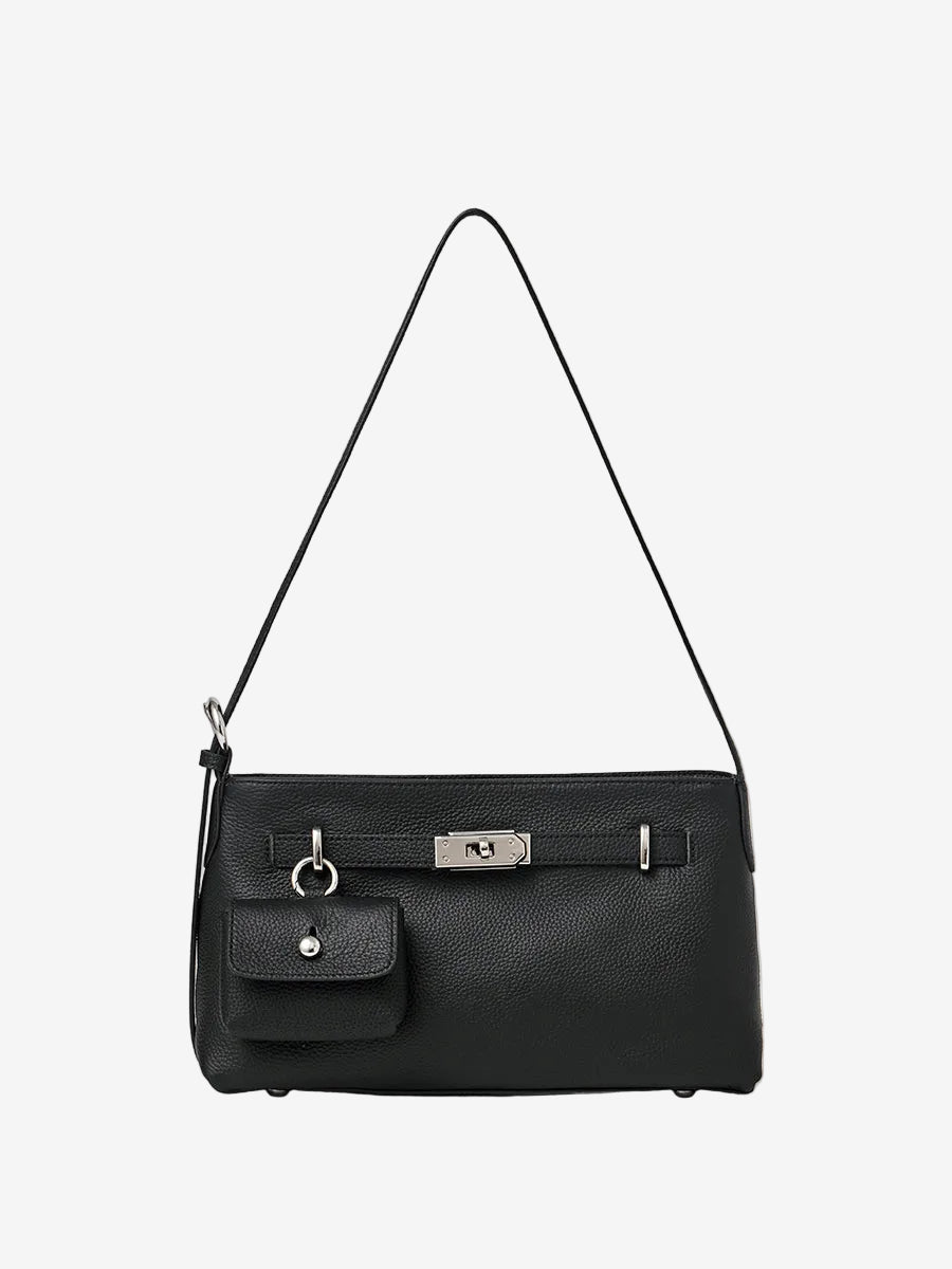 Cuirae black pebbled genuine leather crossbody bag with detachable coin purse and silver turnlock, front view on white background
