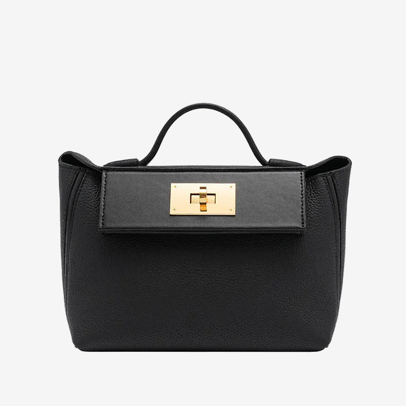 Cuirae black pebbled genuine leather flap kelly crossbody bag with gold turnlock hardware, front view on white background
