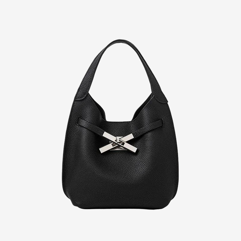 Cuirae black pebbled genuine leather hobo crossbody bag with silver cross turnlock hardware, front view on white background