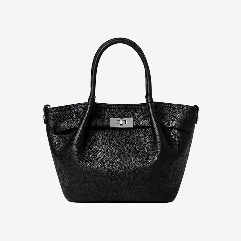Cuirae black pebbled genuine leather kelly crossbody bag with silver turnlock hardware, front view on white background