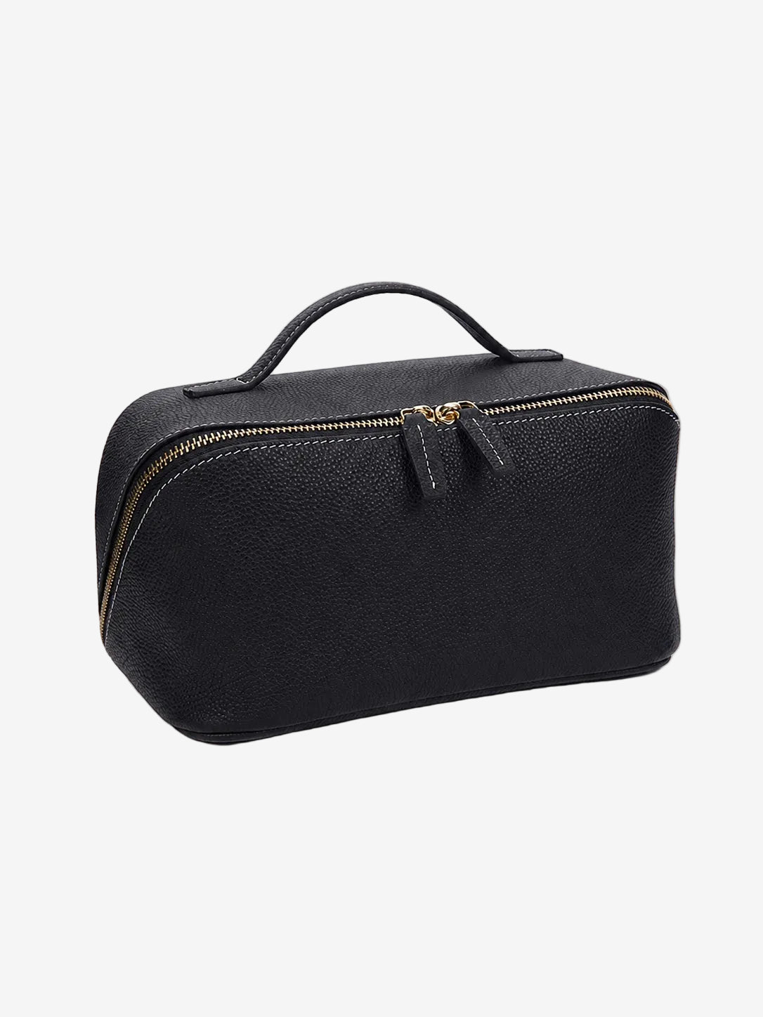 Cuirae black pebbled genuine leather makeup bag with top handle and gold zipper, front angled view on white background
