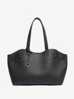 Cuirae black pebbled genuine leather tote bag with long handles and silver ring charm, front view on white background