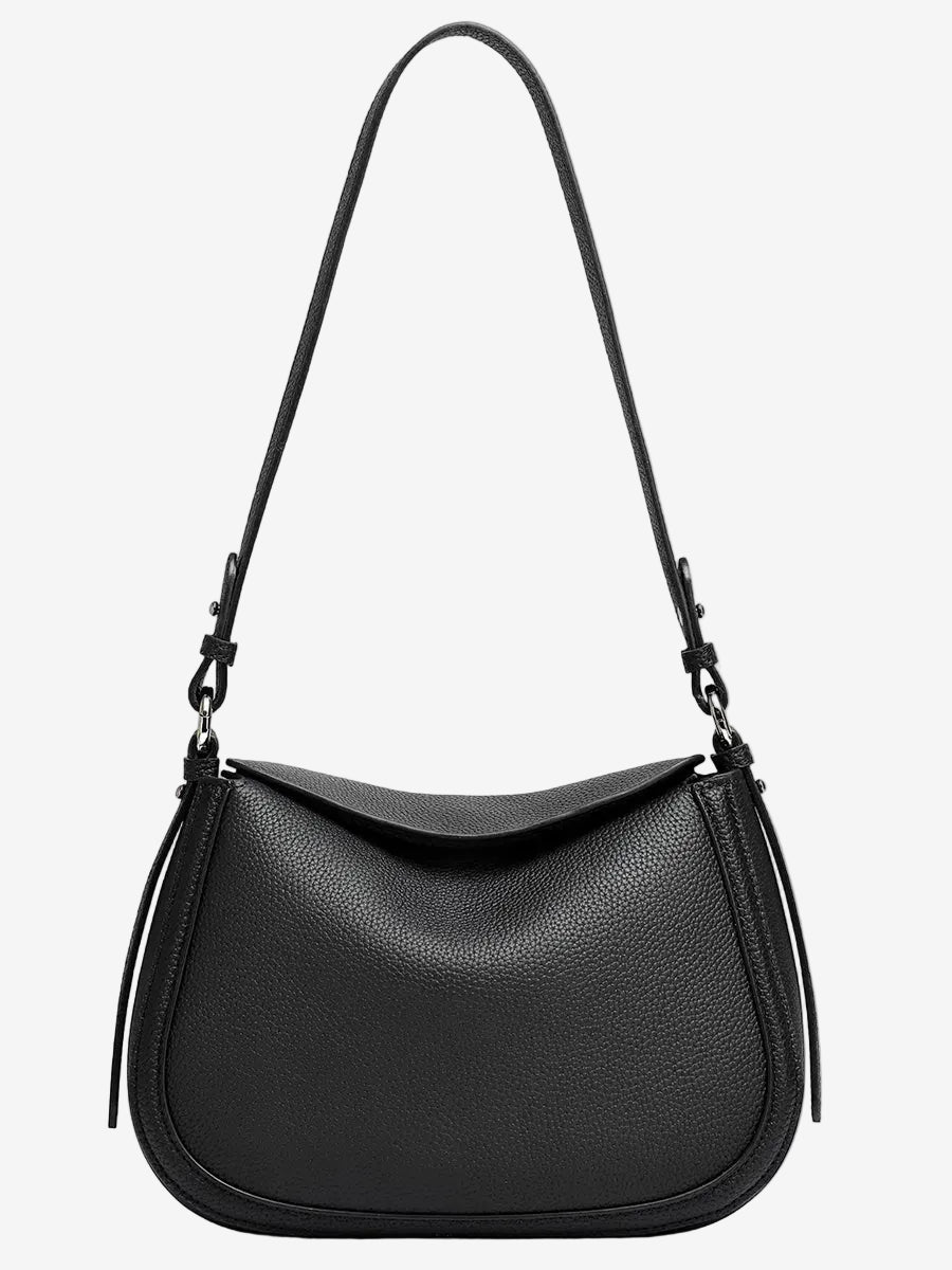 Black Cuirae pebbled leather shoulder bag with an adjustable strap, front view