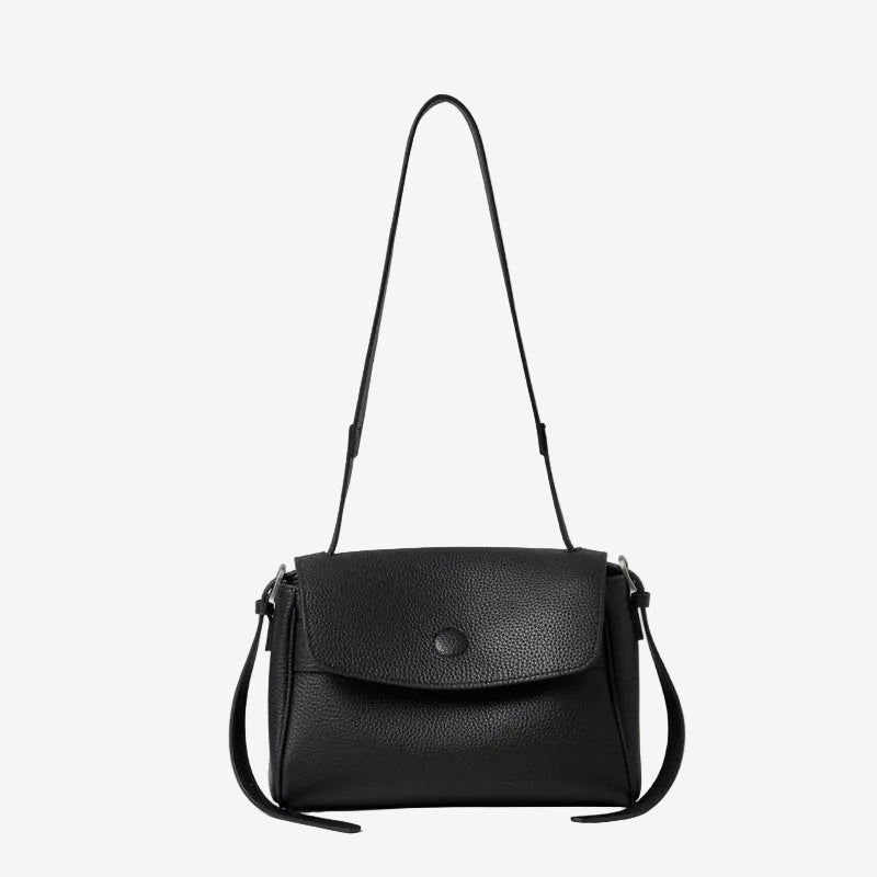 Cuirae black pebbled top-grain leather flap shoulder and crossbody bag, front view