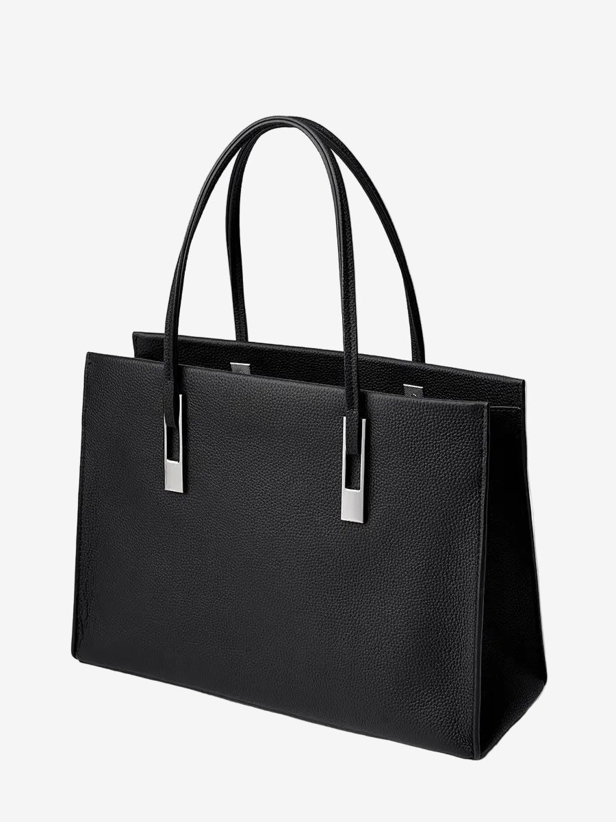 Black structured top-grain leather tote with twin handles and silver-tone accents