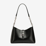 A front view of the Cuirae black top-grain cowhide handbag with a silver lock and chain strap on a white background.