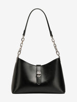A front view of the Cuirae black top-grain cowhide handbag with a silver lock and chain strap on a white background.