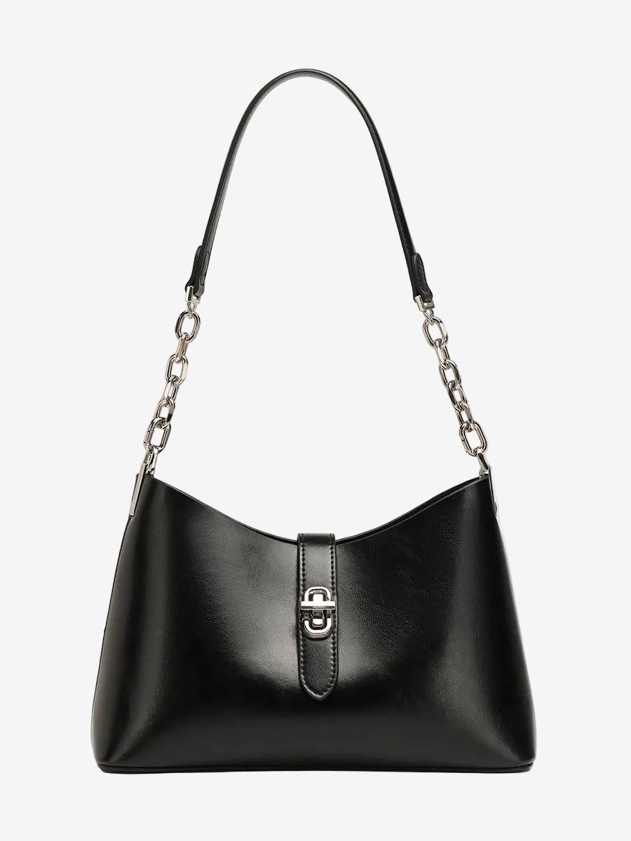 A front view of the Cuirae black top-grain cowhide handbag with a silver lock and chain strap on a white background.