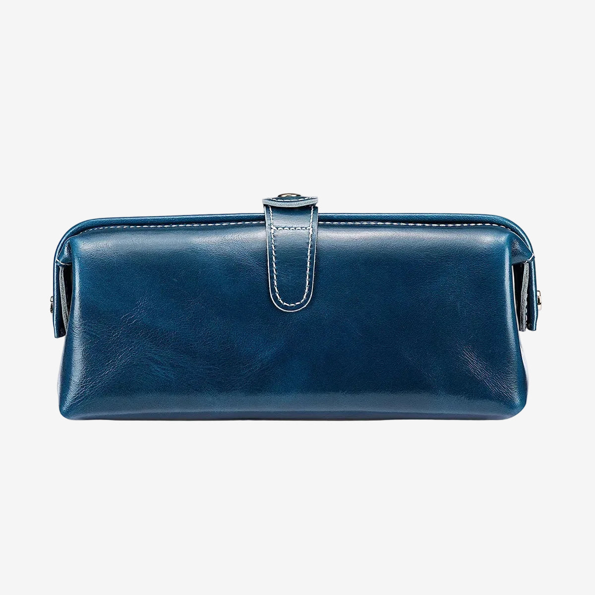 Cuirae blue glossy genuine leather makeup bag with buckle closure, front view on white background