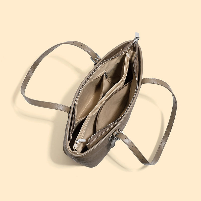 A look inside the Cuirae brown genuine leather bag showing the space.