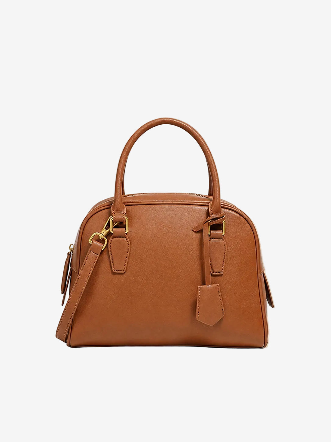 Cuirae  brown genuine leather dome handbag with detachable shoulder strap and tag charm, front view on white background