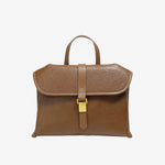 Cuirae brown genuine leather flap handbag with gold buckle and contrast stitching, front view on white background