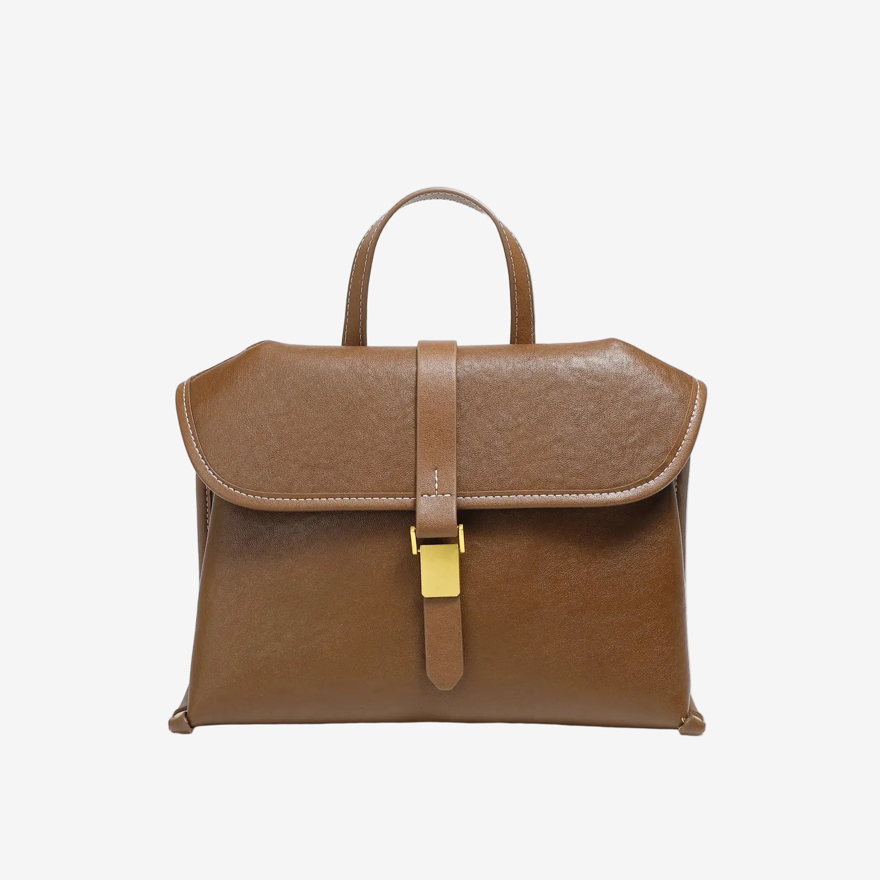Cuirae brown genuine leather flap handbag with gold buckle and contrast stitching, front view on white background