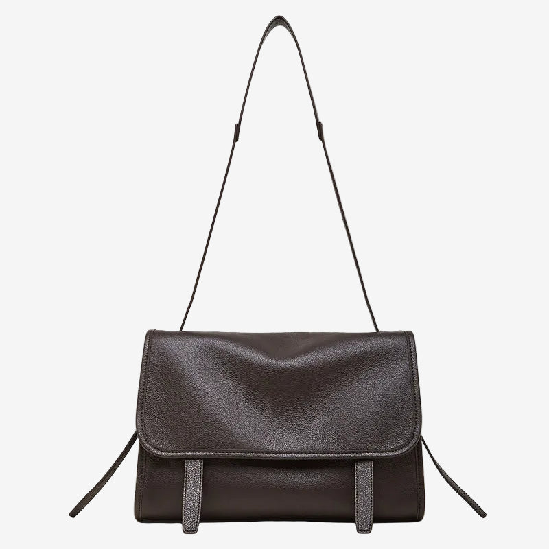 Cuirae black genuine leather flap messenger shoulder bag for women with thin shoulder strap, front view on white background