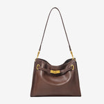 Cuirae  brown genuine leather hobo crossbody bag with gold turnlock hardware, front view on white background
